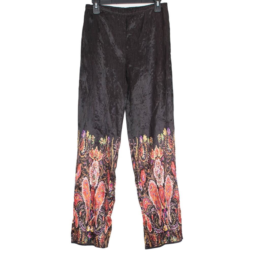 Black Crinkle Pleated Paisley Boho Festival Wide Leg Pants High Rise Pull On S
